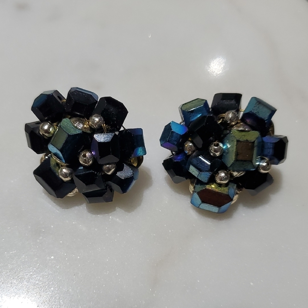 Vintage Black and Blue Cluster Clip On Earrings Evening Going Out Wedding Garden